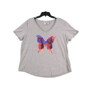 Caribbean Joe Womens Grey Butterfly Print T-Shirt Size - XXL 100% Cotton
